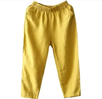 Sieviešu devītā bikses, linu bikses vaļīgas korejas gadījuma bikses dzeltena