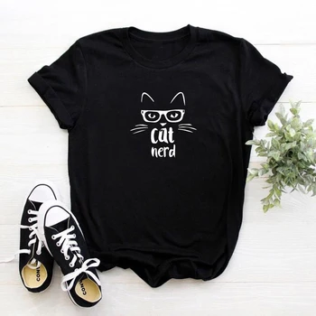 Sieviešu kaķis nerd Drukāt Sieviešu t kreklu, Kokvilnas Gadījuma Smieklīgu t kreklu, Lai Dāma kaķu mīļākais Top Tee Hipster Tumblr