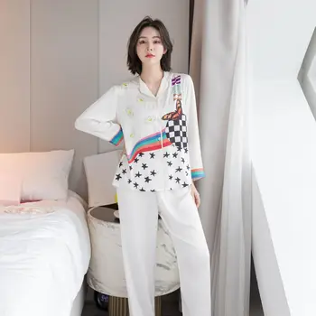 Sieviešu Satīna Pidžamas Komplekts garām piedurknēm Garās Bikses Mājās Uzvalks Modes Pavasarī un Rudenī Homewear Pijamas Pidžamas Sieviešu Satīns