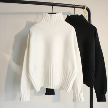 Sieviešu Zaudēt Melnā augstu uzrullētu apkakli Adīts džemperis ar garām Piedurknēm Ārējā Slinks Īsu Baltu Džemperi Džemperis Sieviešu Rudens un Ziemas