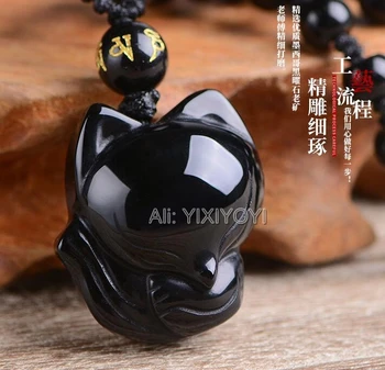 Skaisti Handwork Black Obsidian Cirsts Ķīnas Mazo Gudrs Lapsa Laimīgs Amuletu Kulons + Lodītes Kaklarotu, Smalkas Moderns Rotaslietas