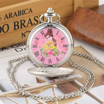 Sudraba Princese Dizaina Dobi Kvarca Kabatas Pulksteņu Lovely Pink Dial, Romiešu Cipariem Displejs Kaklarota Skatīties Dāvanas Lady Meitene