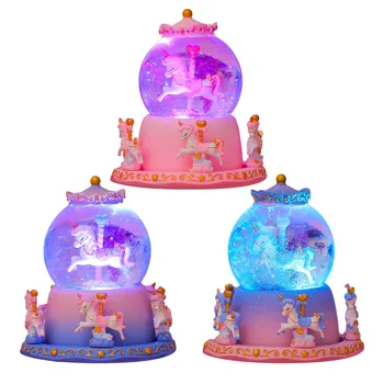 Sveķu Unicorn Mūzikas Kaste Ar LED Gaismas Sniegpārsliņas Karuselis Kristāla Bumbu Sniega Pasaulē Music Box Pāris Valentīna Diena Dāvanu
