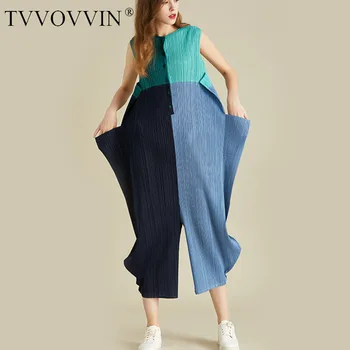 TVVOVVIN 2020New Vasaras Modes Sieviešu Apģērbu Kroku Elastīgs Vintage Sieviete bez Piedurknēm, Apaļu Kakla Kontrasta Krāsas Jumpsuit C307
