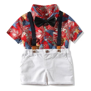 Vasaras Bērnu Zēniem Apģērbu Modes Īsām Piedurknēm Ziedu Drukāt T-krekls Topi+Siksna, Bikses, Kostīmu Bērnu Apģērbu Komplekts 2gab tērpiem