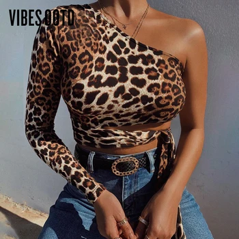 VIBESOOTD Sexy Viena Pleca, Apgriezts Topi Dobi no Leopards Drukāt Mežģīnēm līdz T-krekli, Sieviešu Slim Modes Summer Long Sleeve Tee