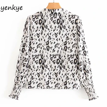 Vintage Leoparda Blūze Sieviešu Krekls ar garām Piedurknēm, V veida Kakla Flowy Dāmas Krekli Plus Lieluma Galotnēm DWDD87186