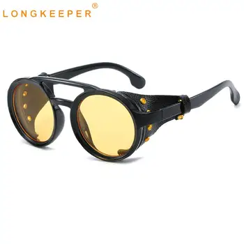 Vintage Steampunk Saulesbrilles, Vīriešu, Sieviešu Klasisko Zīmolu Modes Ādas Ar Sānu Vairogiem Apaļā Saules Brilles Punk Brilles UV400
