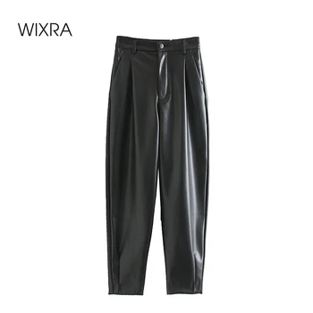 Wixra Sieviešu PU Bikses Augsti Elastīgs Viduklis Classic Mākslīgās Ādas Brīvs Cietā Streetwear Jaunu Modes Rudens Pavasara Drēbes