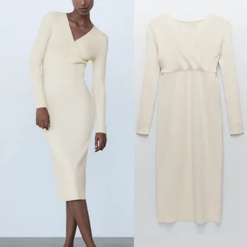 Za Sieviešu Rudens Ilgi Adīt Kleita 2020. Gadam, Modes V Kakla Garām Piedurknēm Wrap Birojs Kleitas Sieviete Elegants Midi Kleitas Trikotāžas