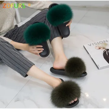 ZDFURS* 2019 Karstā Pārdošanas Vasarā Fox Kažokādas Čības EVA Vienīgais Modes dabīgās Kažokādas Slaidu Sieviešu Pludmales Sieviešu Kurpes Flip Flops Konfektes Krāsa