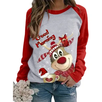 Ziemassvētku Elk Drukāt Sieviešu Tshirts garām Piedurknēm Līmēšana Femme T-krekli, Dāmu Topi Koszulka Damska Ziemassvētku T Krekls Sievietēm