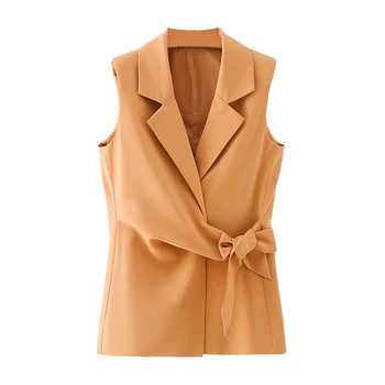 ZXQJ modes sieviešu cietā oranža veste 2020. gadam eleganta jauna dāma v-veida kakla loku virsdrēbes cēloņu sieviešu slim veste meitenēm šiks komplekti