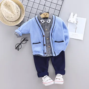 Zēni 3-Gabals Apģērbu komplekts Bērniem Vilnas jaka Kopa ar Džemperis, krekls un Bikses, Debesis Zilas/Navy, Dzeltens, Balts 1-4 Gadi