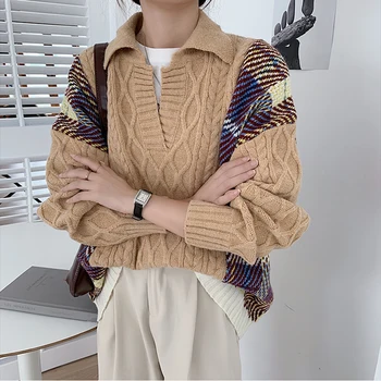 Šiks Raibs Savukārt Apkakles Džemperis Sievietēm Retro Kontrasta Krāsu Bieza Dūriens Džemperis 2020 Rudens Ziemas Jauns Apģērbs, Trikotāžas